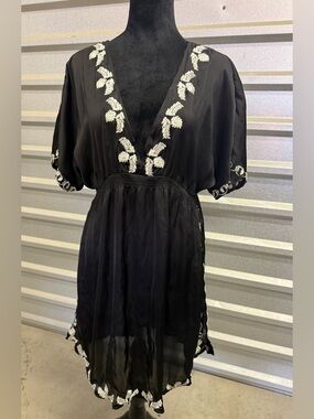 Papaya Brand Black Satin Dress With White Embroidered Trim Size L